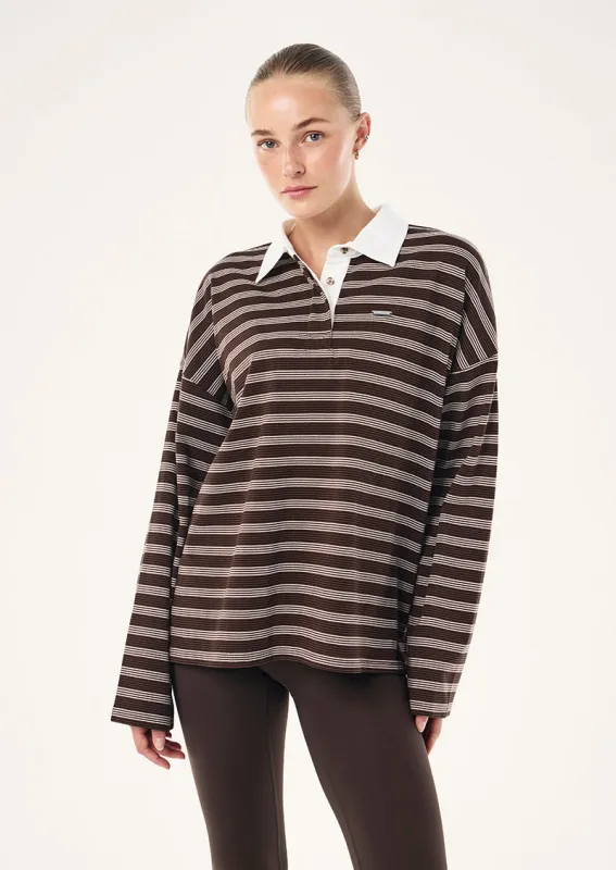 RUGBY LONG SLEEVE TEE IN COFFEE STRIPE made by P.E Nation