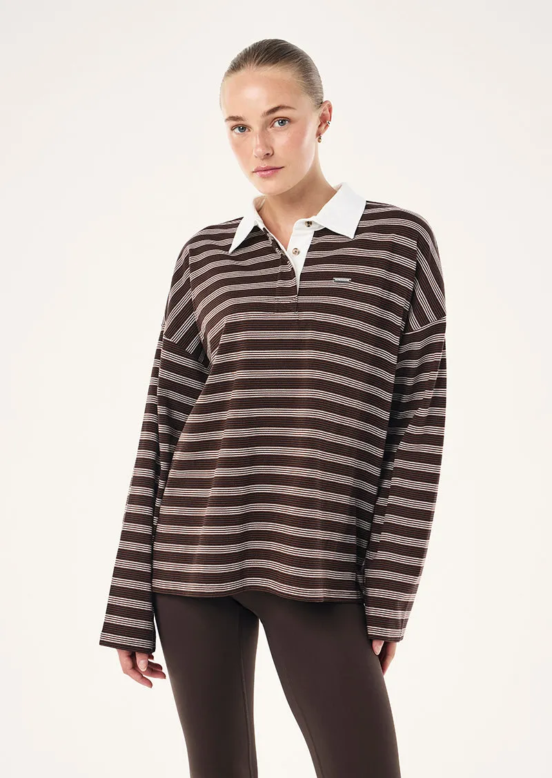 RUGBY LONG SLEEVE TEE IN COFFEE STRIPE sold by P.E Nation