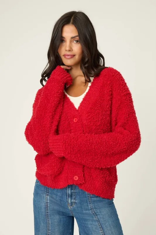 Bundle Up Boucle Red Cardigan sold by P.J. Salvage