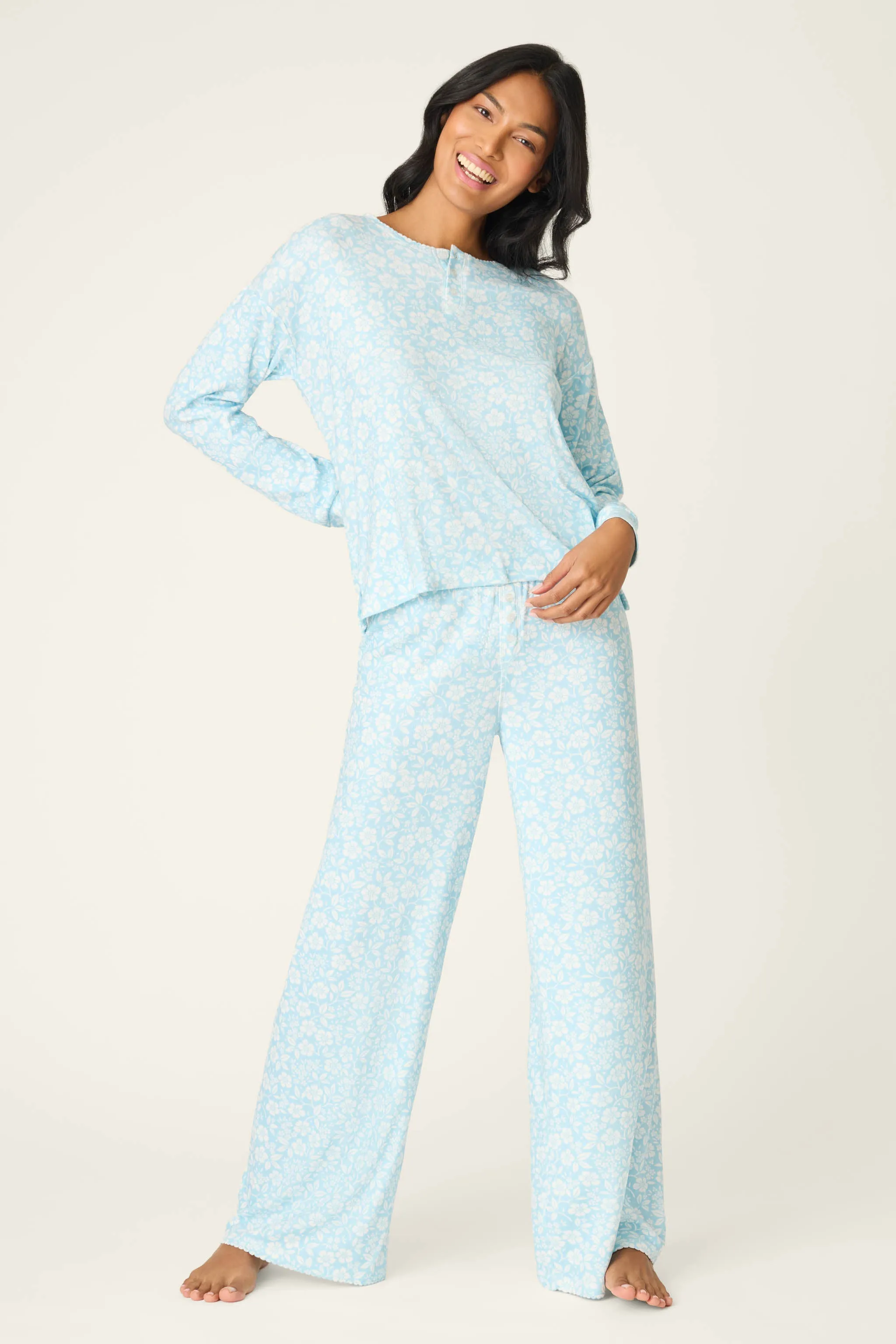 Blue Floral Print Henley PJ Set sold by P.J. Salvage