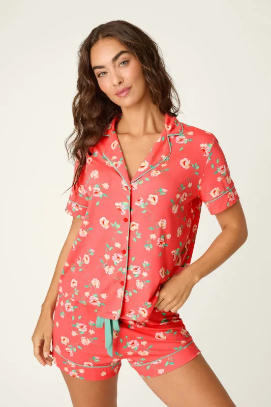 Siesta Dreams Dark Coral Floral Print Short Sleeve Top made by P.J. Salvage