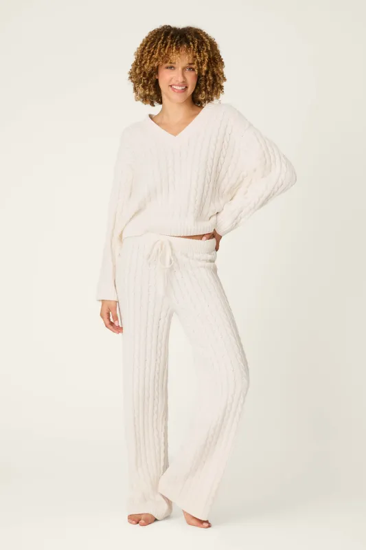 Cozy Chenille Cable Knit Ivory V-Neck Lounge Set made by P.J. Salvage