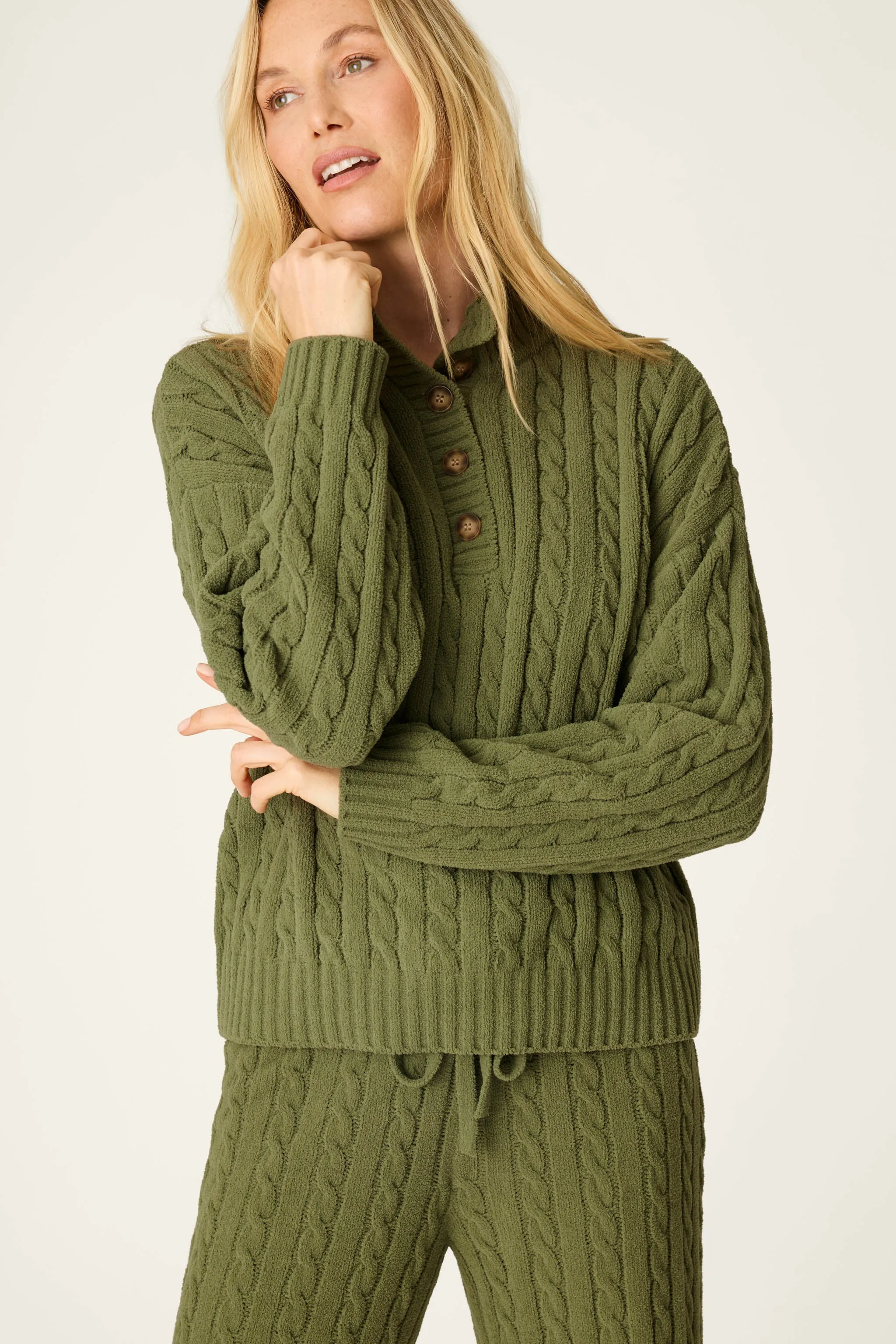 Cozy Chenille Cable Knit Olivine Pullover Lounge Set sold by P.J. Salvage product image thumbnail 5