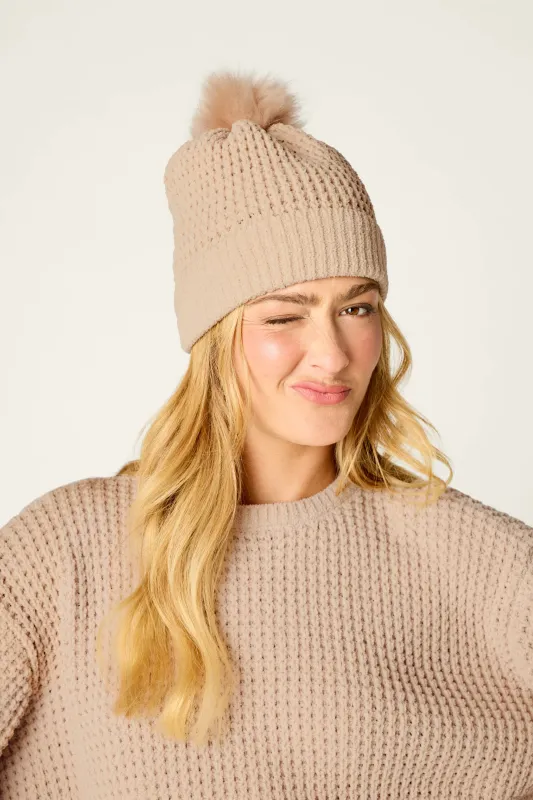 Cozy Chenille Waffle Smoky Beige Pompom Beanie made by P.J. Salvage