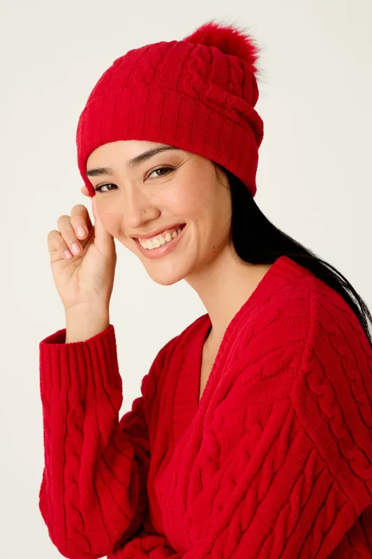 Cozy Chenille Cable Knit Red Beanie With Pom-Pom made by P.J. Salvage