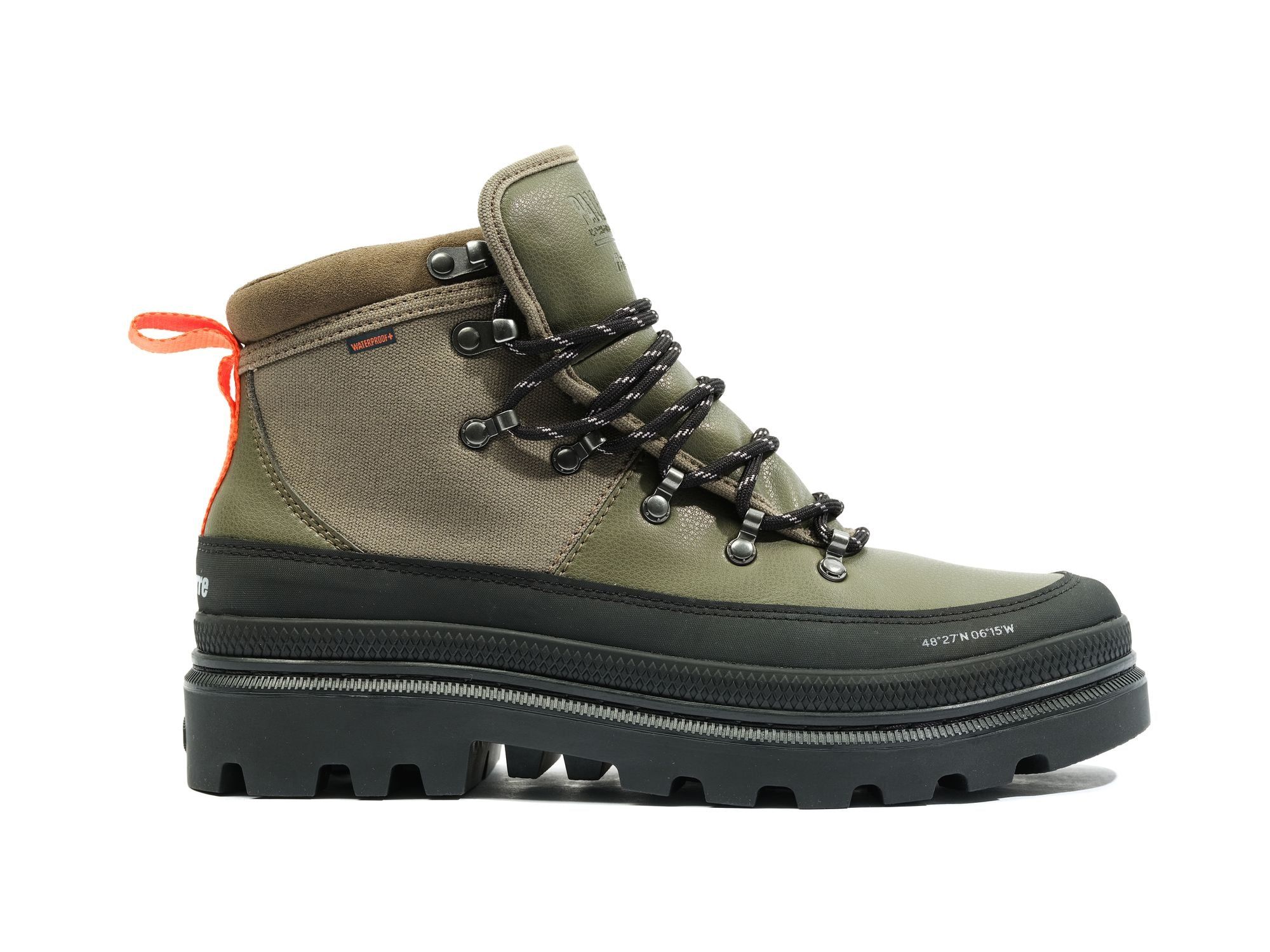 78554-309-M | Pallatrooper Hiker WP+ x Finisterre | Olive Night sold by Palladium
