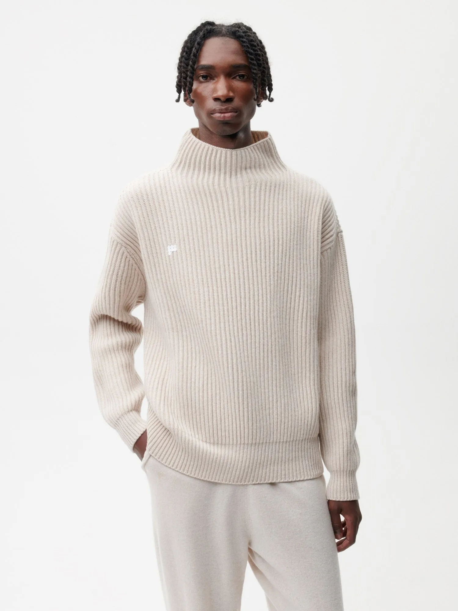 Mens Archive Recycled Cashmere Funnel-Neck Sweater—oatmeal sold by Pangaia product image thumbnail 2