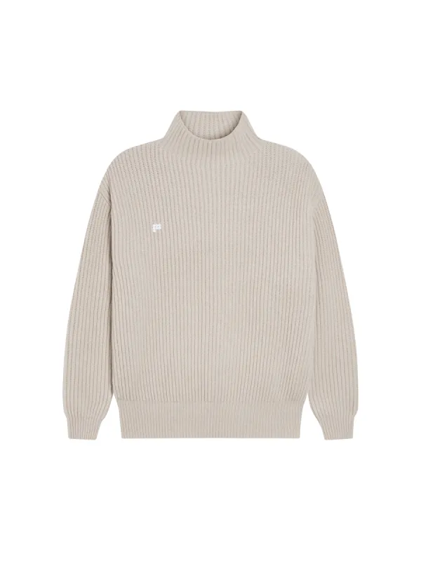 Mens Archive Recycled Cashmere Funnel-Neck Sweater—oatmeal sold by Pangaia