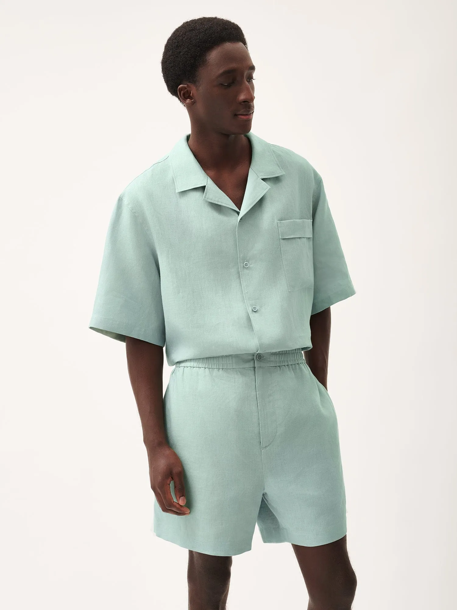 Mens Aloe Linen Mid Length Shorts—eucalyptus blue sold by Pangaia product image thumbnail 4