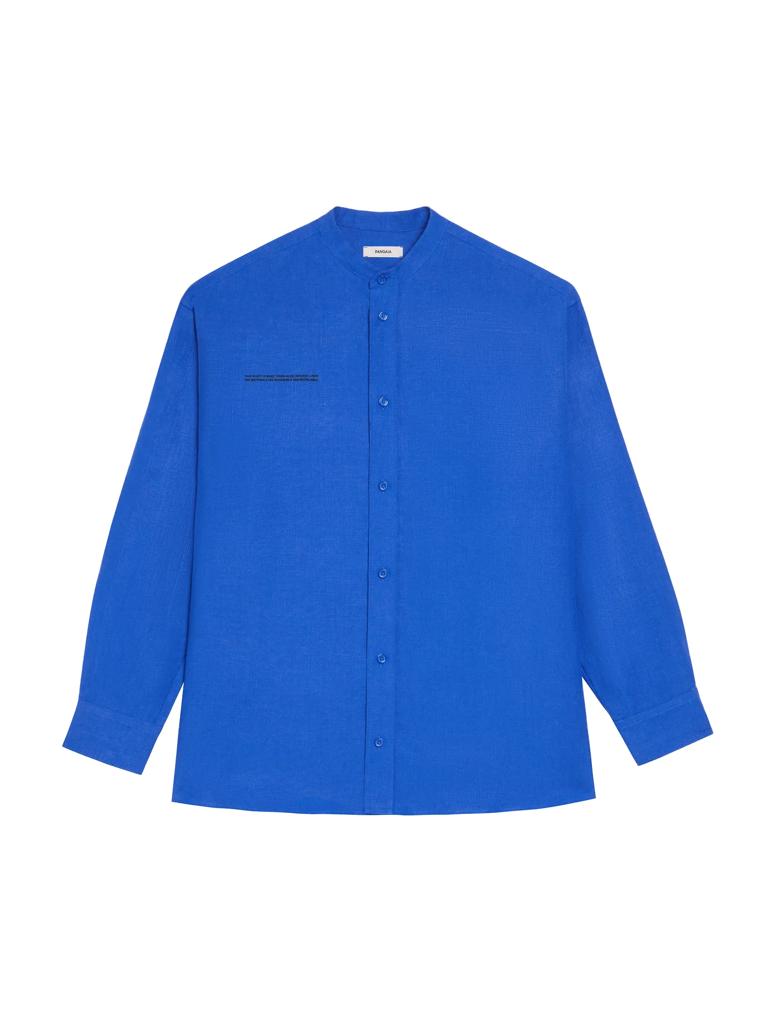 Archive Aloe Linen Mandarin Collar Long Sleeve Shirt—cobalt blue sold by Pangaia