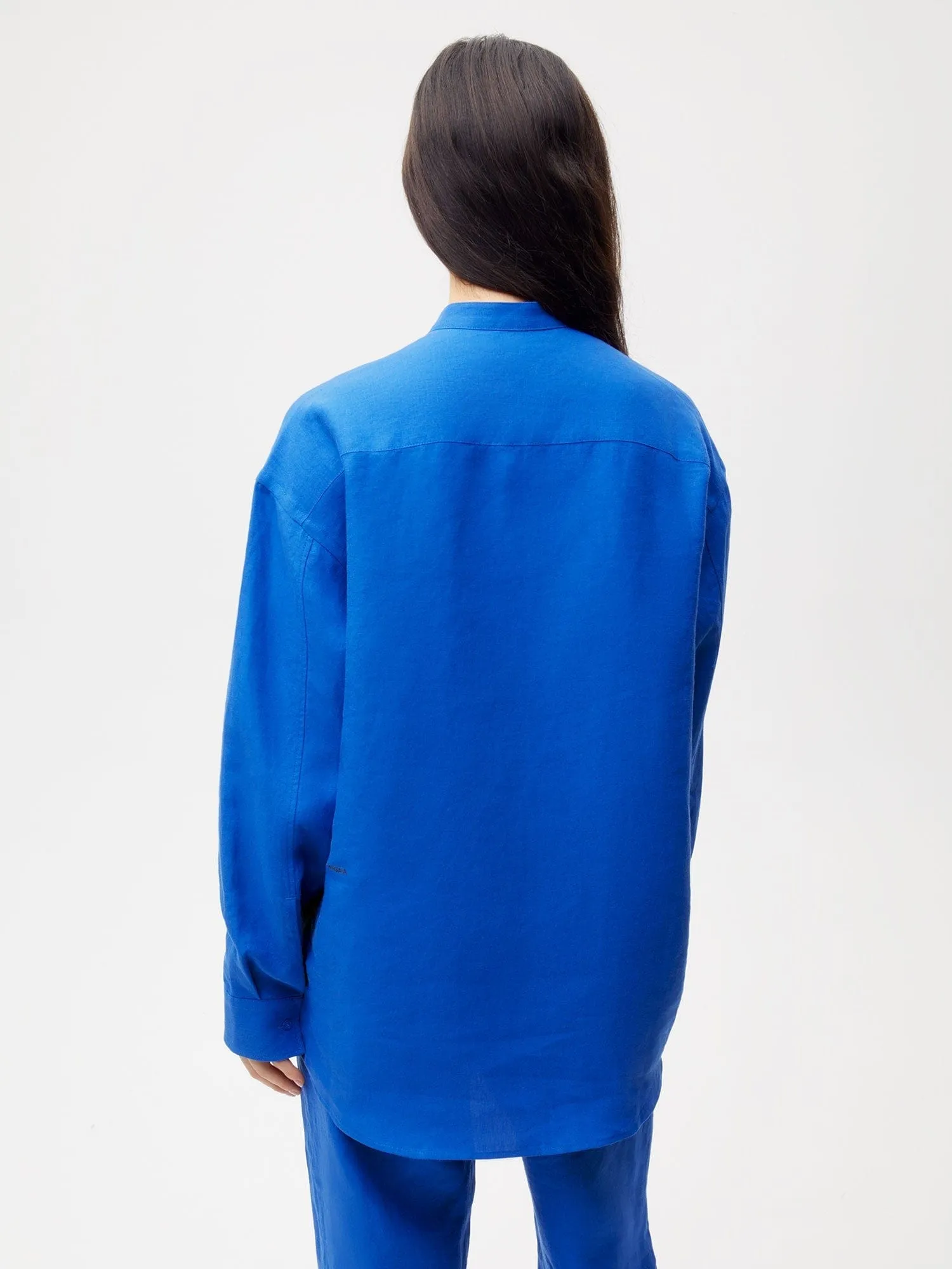 Archive Aloe Linen Mandarin Collar Long Sleeve Shirt—cobalt blue sold by Pangaia product image thumbnail 3