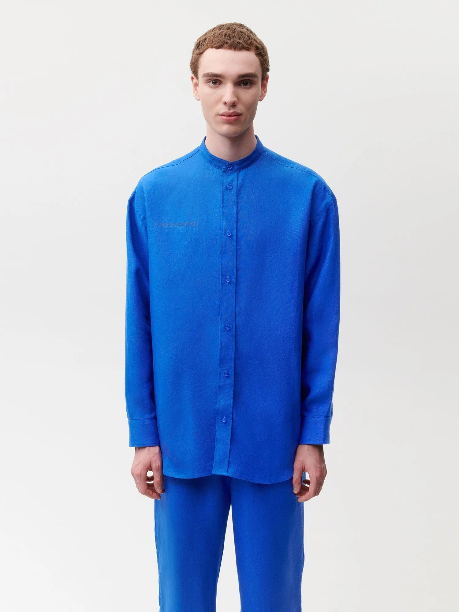 Archive Aloe Linen Mandarin Collar Long Sleeve Shirt—cobalt blue sold by Pangaia product image thumbnail 4