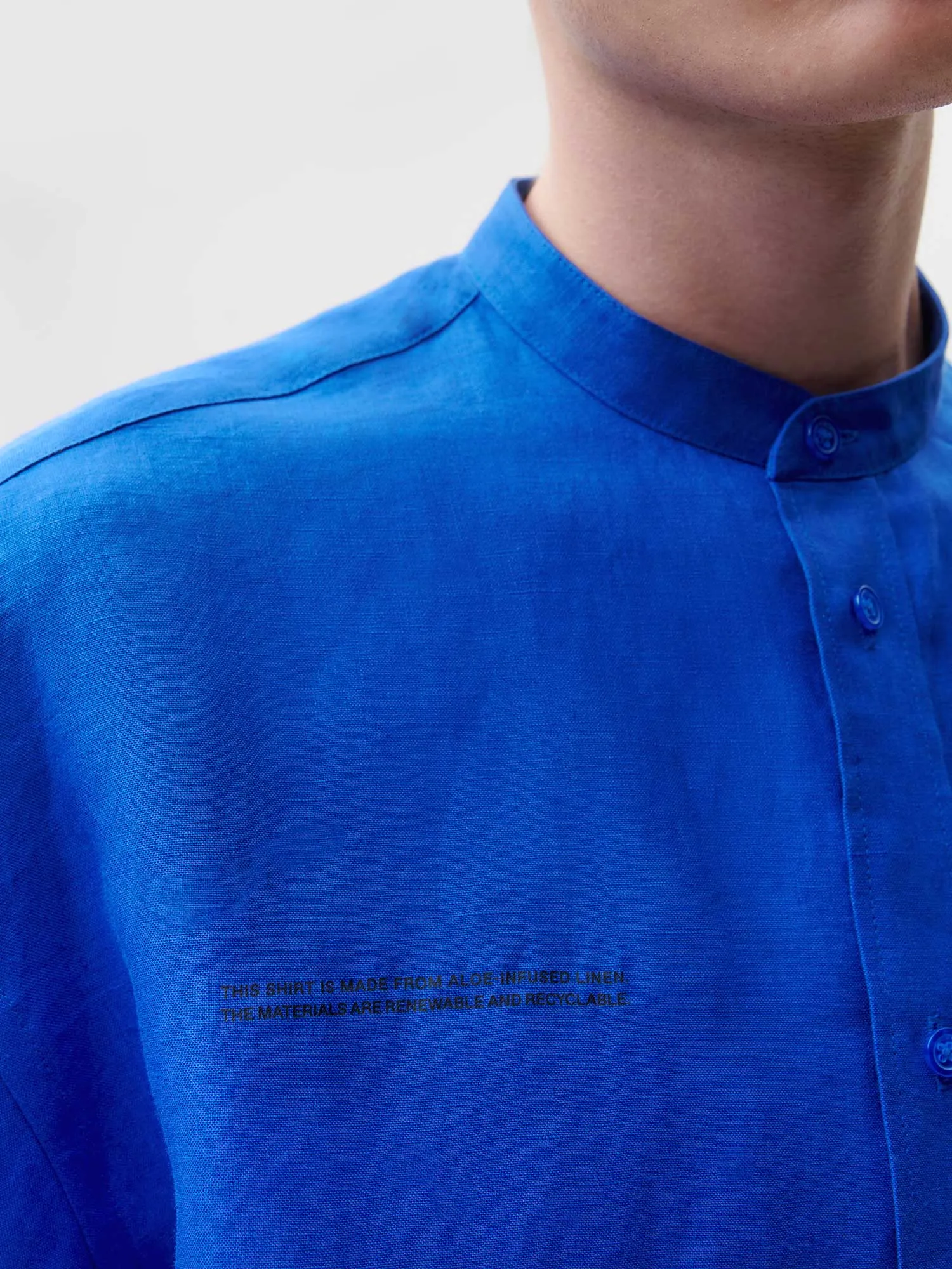 Archive Aloe Linen Mandarin Collar Long Sleeve Shirt—cobalt blue sold by Pangaia product image thumbnail 5