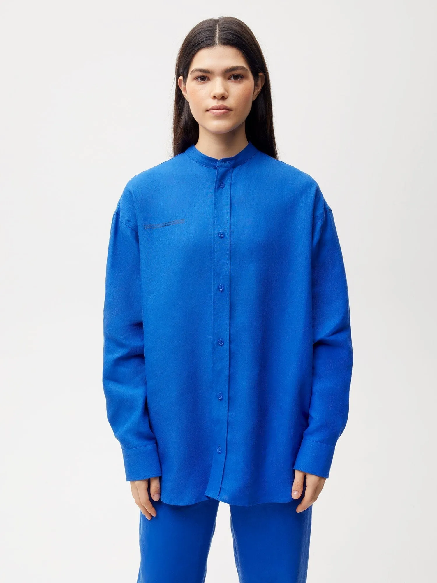 Archive Aloe Linen Mandarin Collar Long Sleeve Shirt—cobalt blue sold by Pangaia product image thumbnail 2
