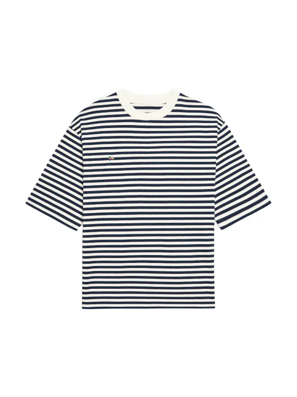 Recycled Cotton Stripe Boxy T-shirt—navy blue sold by Pangaia