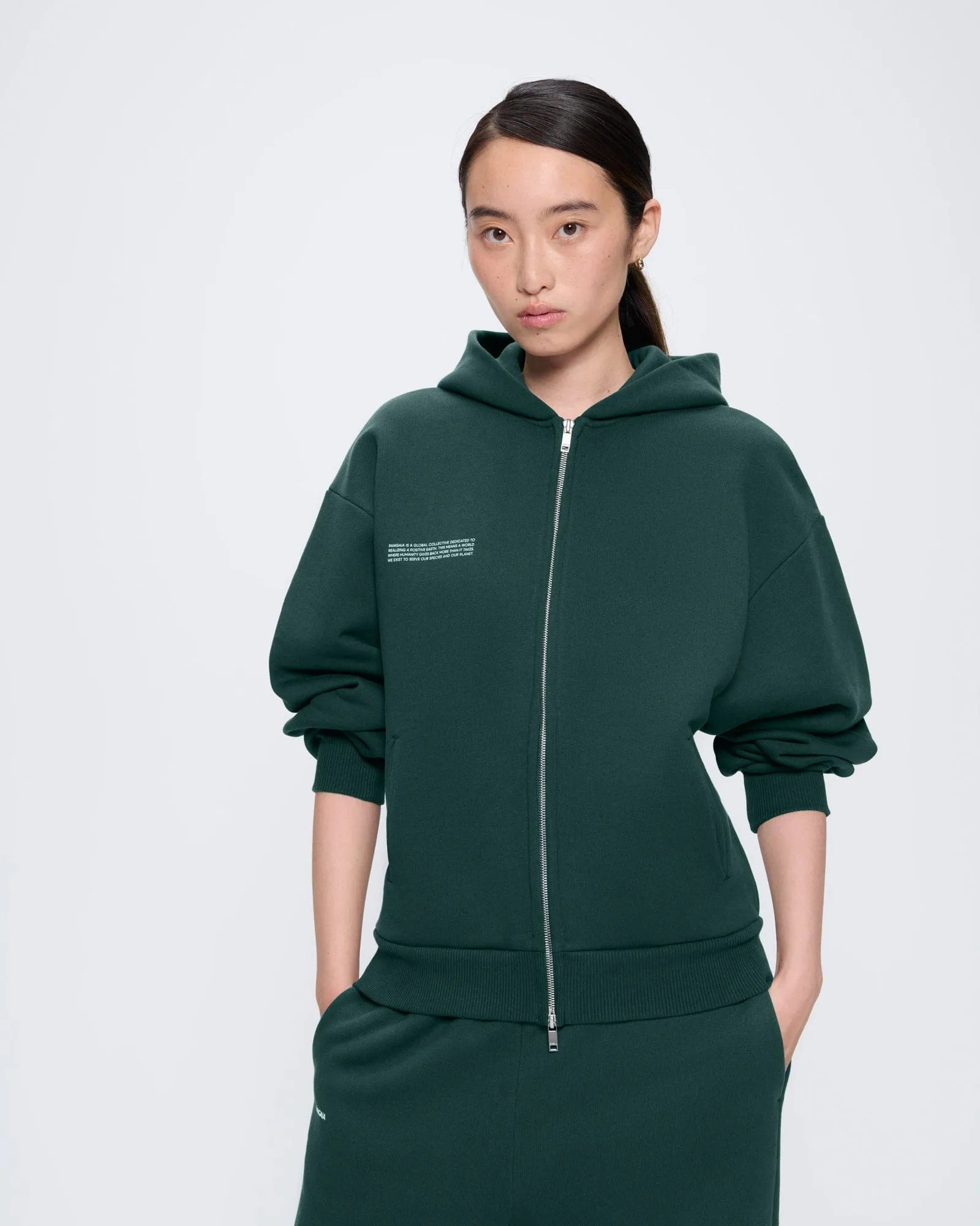 Womens 365 Heavyweight Two-Way Zip-Through Hoodie—Foliage Green sold by Pangaia