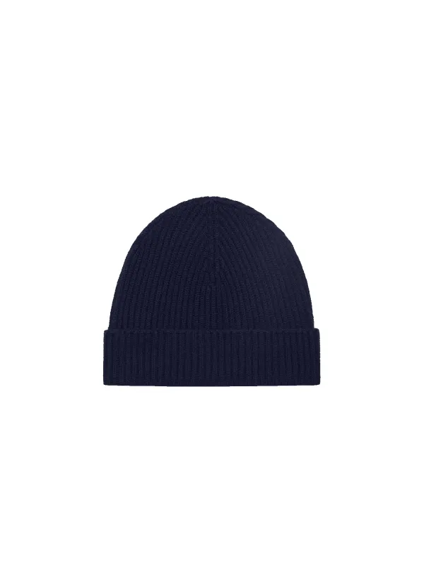 Cashmere Ribbed Beanie—dark navy sold by Pangaia