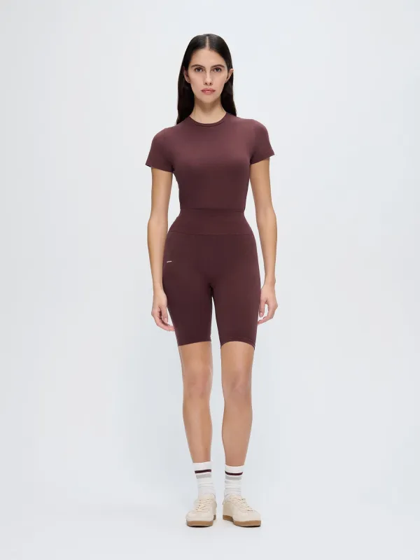 Womens Cotton-Stretch Cycle Shorts—Chestnut Maroon sold by Pangaia