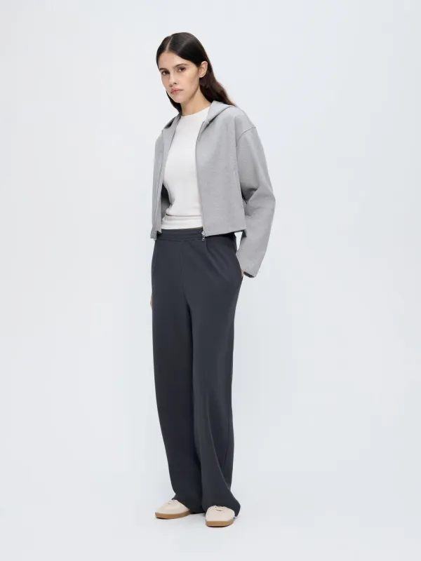 Womens Double Jersey Pleated Trousers—Smoked Black sold by Pangaia