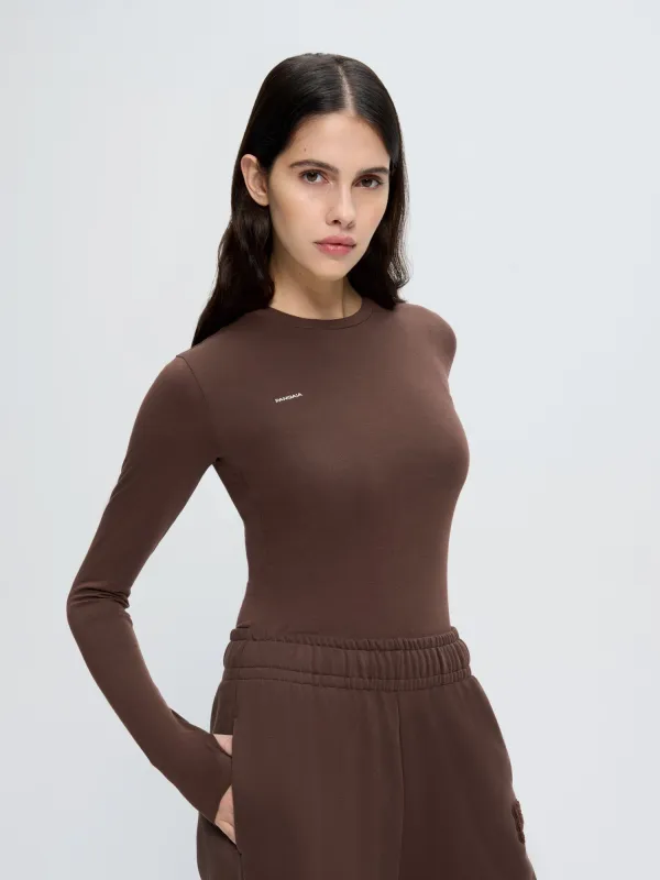 Womens Cotton-Stretch Long-Sleeved Top—Mahogany Brown made by Pangaia