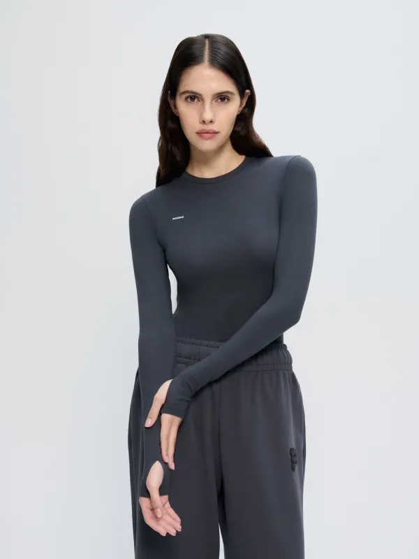Womens Cotton-Stretch Long-Sleeved Top—Smoked Black sold by Pangaia