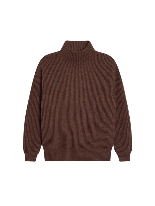 Recycled Cashmere Funnel-Neck Sweater—chestnut brown sold by Pangaia
