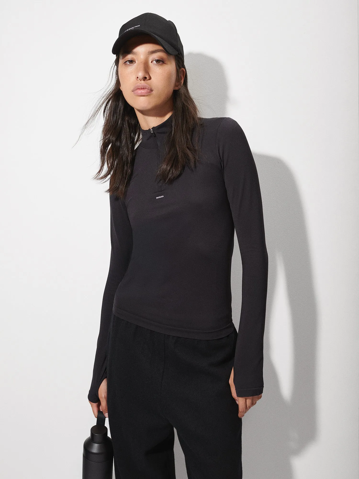 Womens 99% Bio-Based Zipped Long Sleeve Top—Black sold by Pangaia product image thumbnail 2