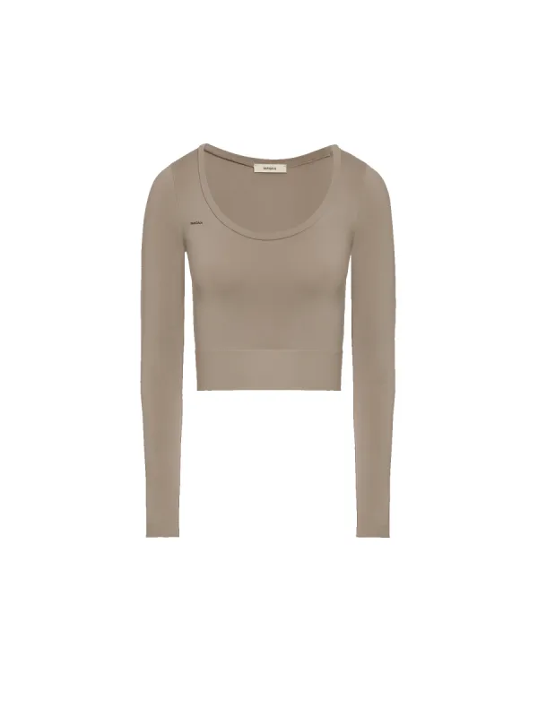 Womens Plant-Stretch Long Sleeve Cropped Top—taupe sold by Pangaia