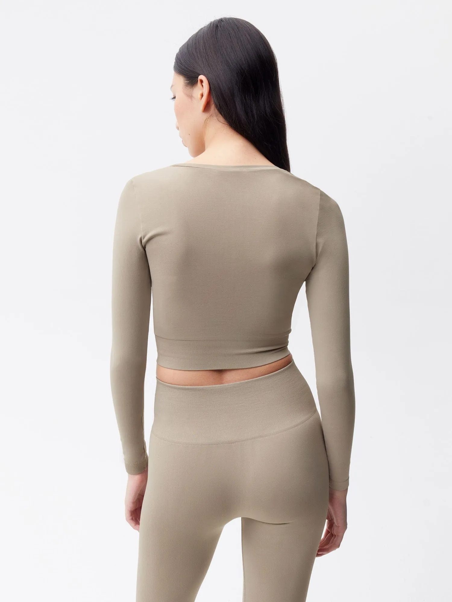 Womens Plant-Stretch Long Sleeve Cropped Top—taupe sold by Pangaia product image thumbnail 3