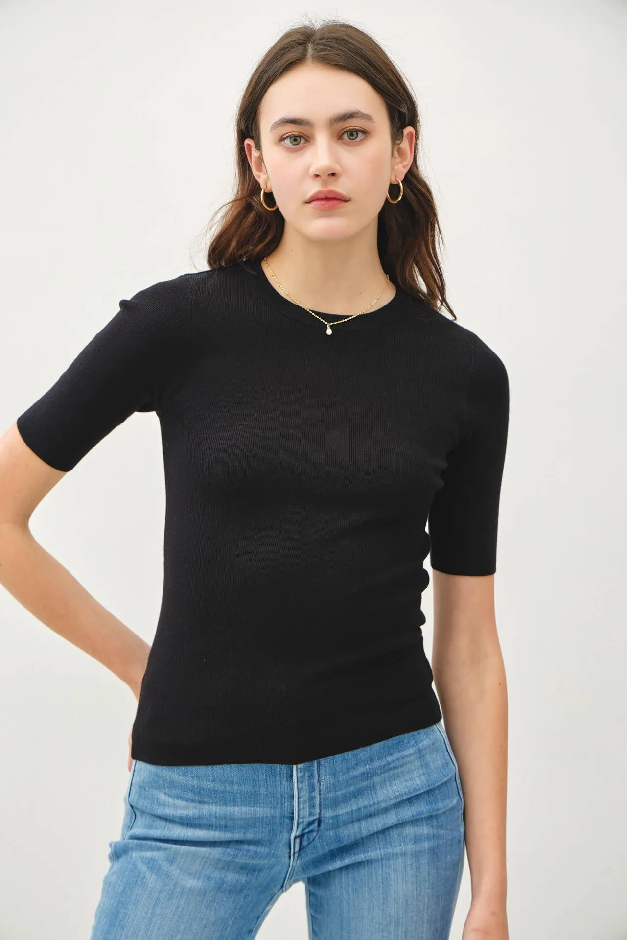 CLASSICS SOLID HALF SLEEVE RIB KNIT TOP sold by paper doll