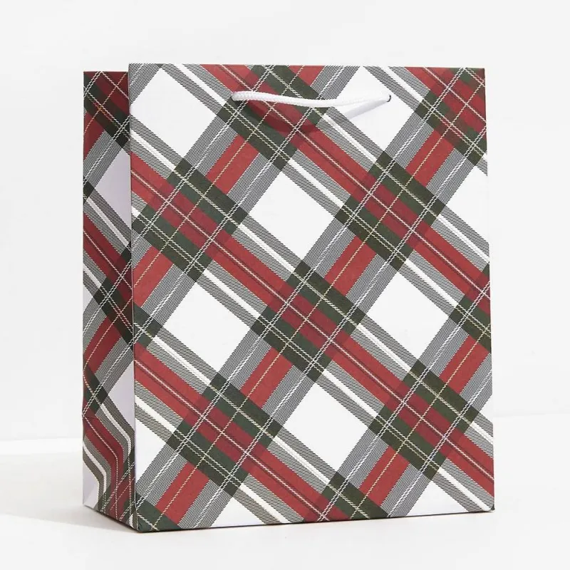 Holiday White Stewart Tartan Medium Gift Bag sold by Paper Source
