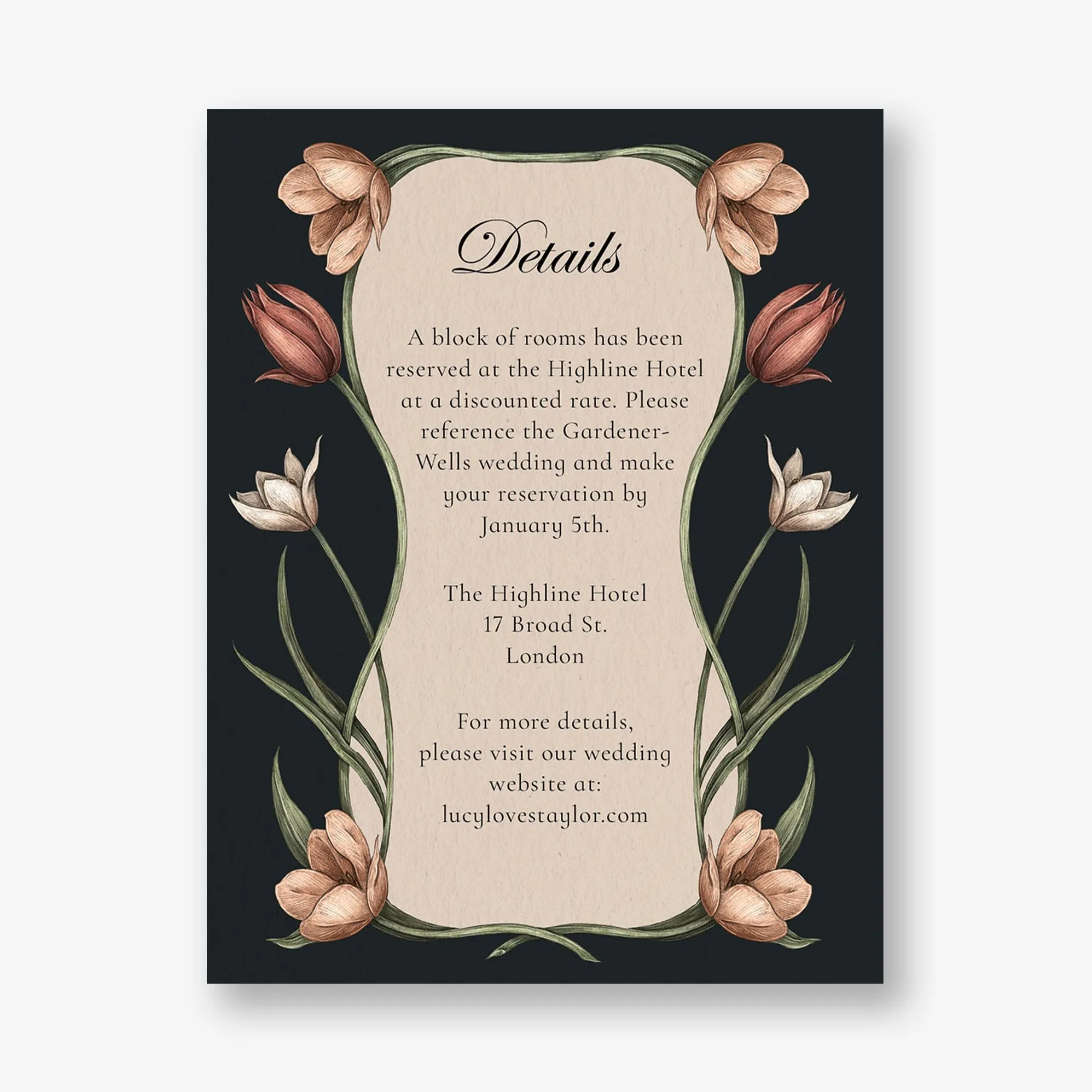 Tulips and Swallows Information Card sold by Paper Source