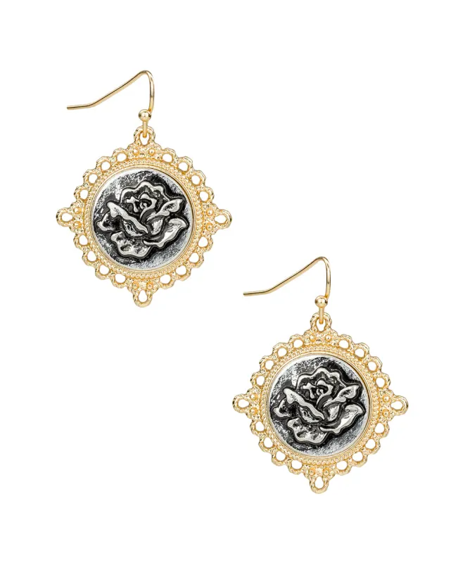 Round Drop Earrings - Carved Metal Rose sold by Patricia Nash