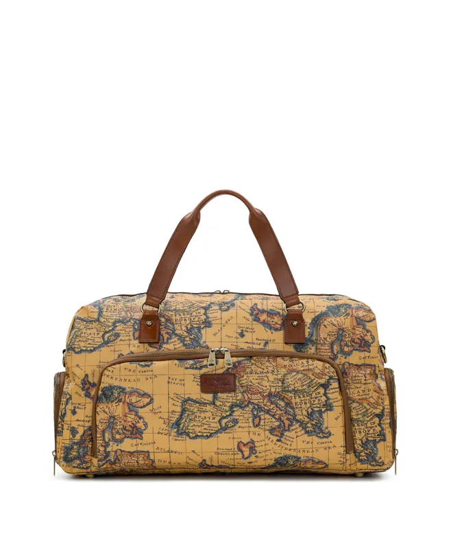 Mandara Overnighter Duffel - Patina Coated Linen Canvas — European Map Print sold by Patricia Nash