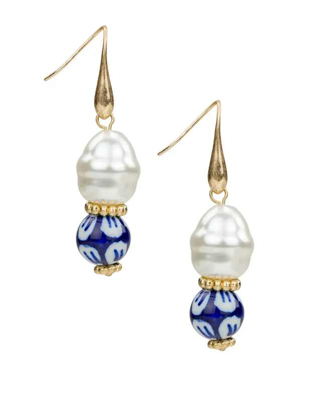Baroque Pearl Drop Earrings - Blue Ceramic Collection sold by Patricia Nash