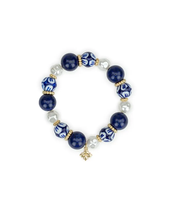 Bead and Pearl Stretch Bracelet - Blue Ceramic Collection made by Patricia Nash
