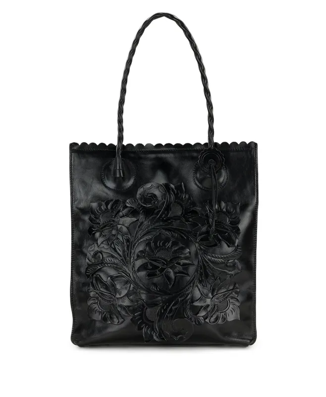 Cavo Tote | Cavo Tooled Applique | Distressed Black made by Patricia Nash