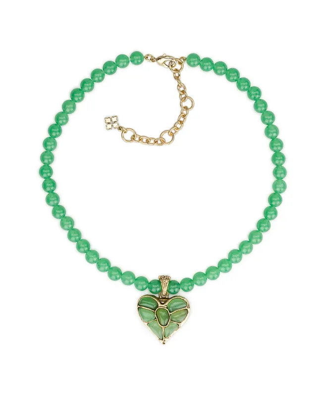 Green Aventurine Beaded Heart Pendant | Stone Inlay Collection | Antique Gold made by Patricia Nash
