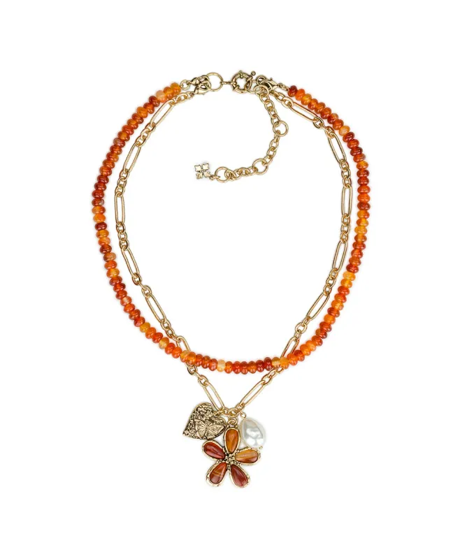 Multi Strand Flower Charm Necklace | Stone Inlay Collection | Antique Gold made by Patricia Nash