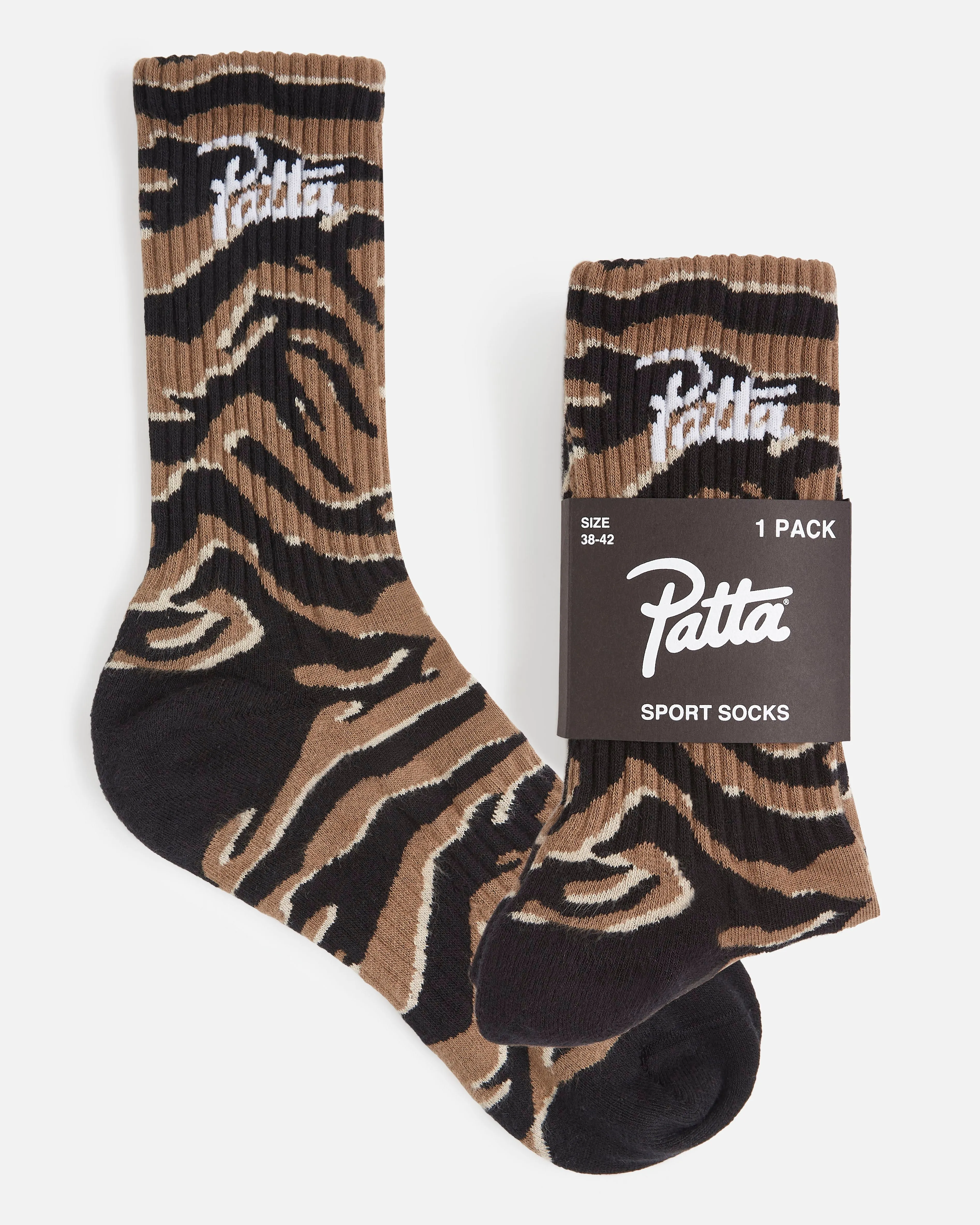 Patta Tiger Stripe Script Logo Sport Socks (Tiger Stripe Camo) sold by Patta