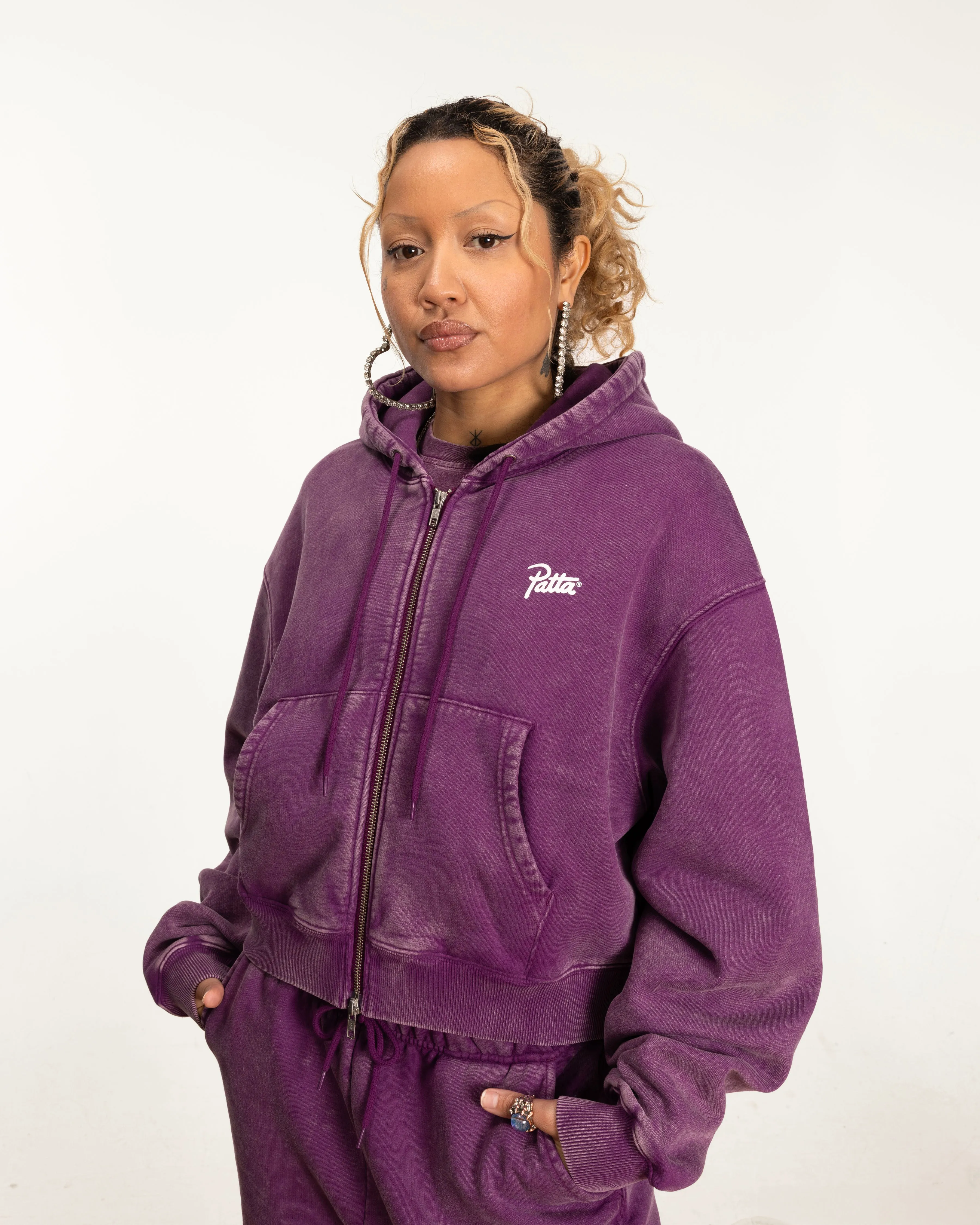 Patta Femme Acid Wash Cropped Zip-Up Hooded Sweater (Dark Purple ) sold by Patta product image thumbnail 4