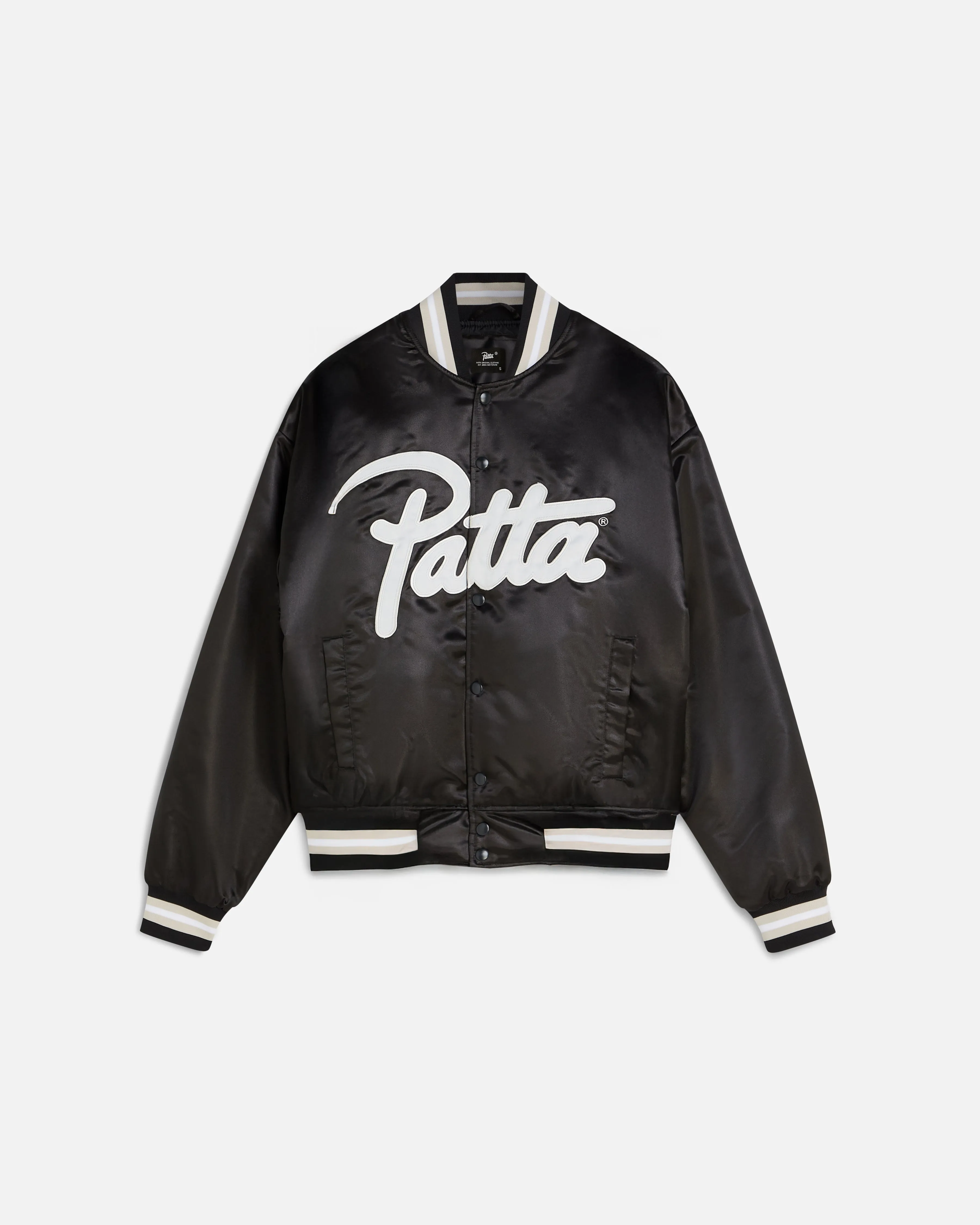 Patta Script Logo Satin Varsity Jacket (Black) sold by Patta