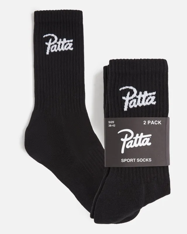 Patta Script Logo Sport Socks (2-Pack) (Black) sold by Patta