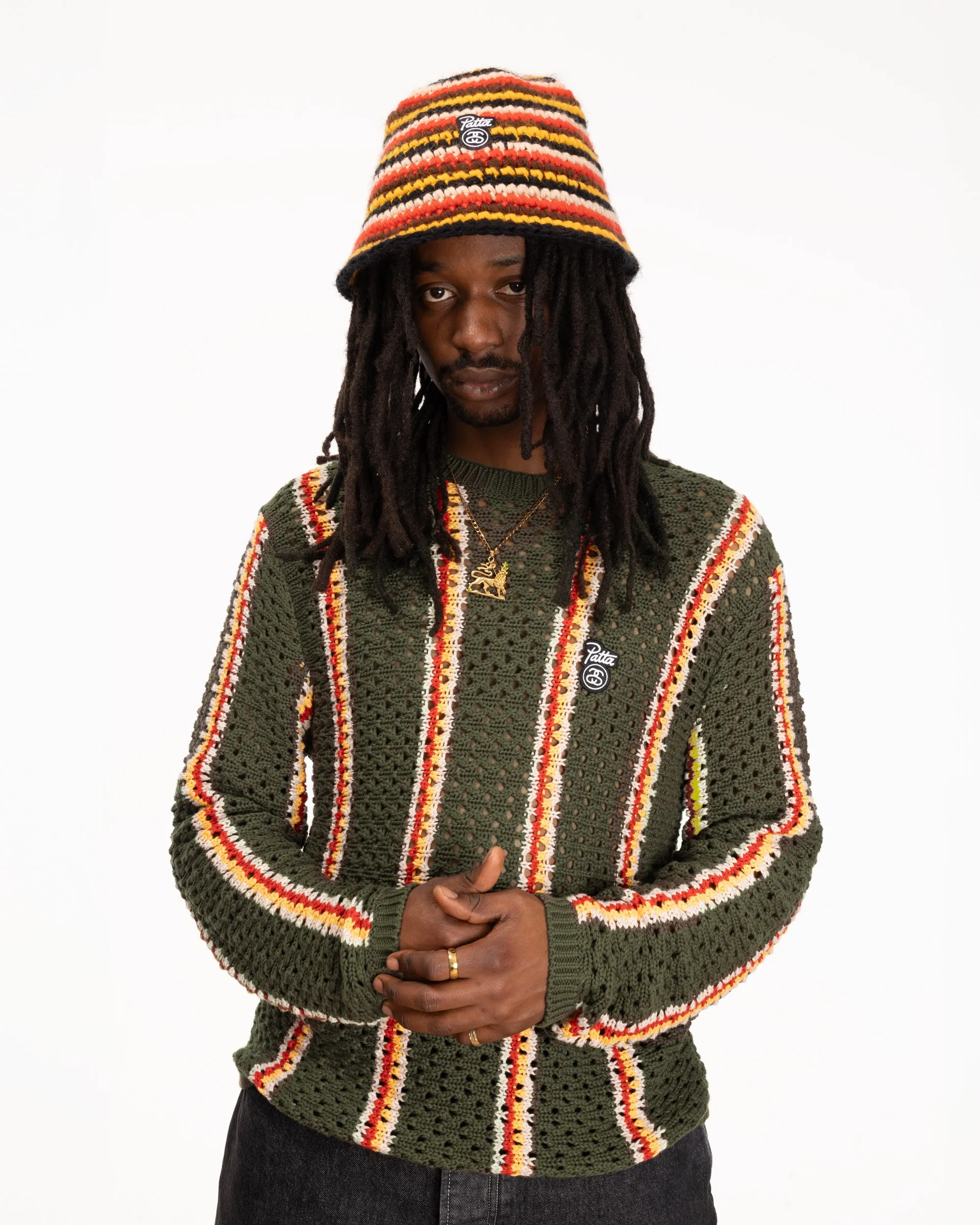 Patta x Stussy Stripe Loose Gauge Crewneck Sweater (Olive) | Parallel