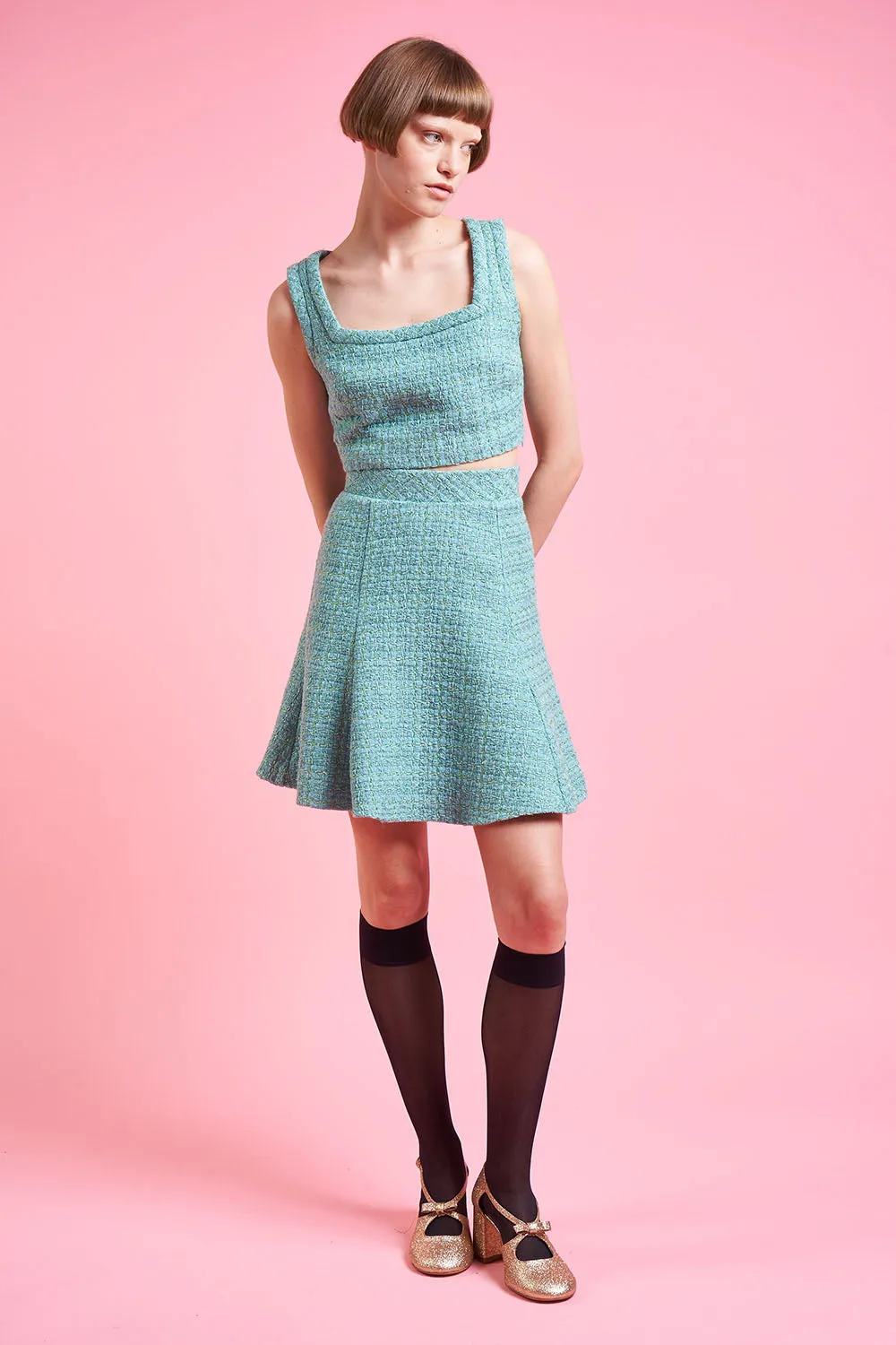 Jupe courte à godets en tweed lurex tissé en France sold by Paul & Joe