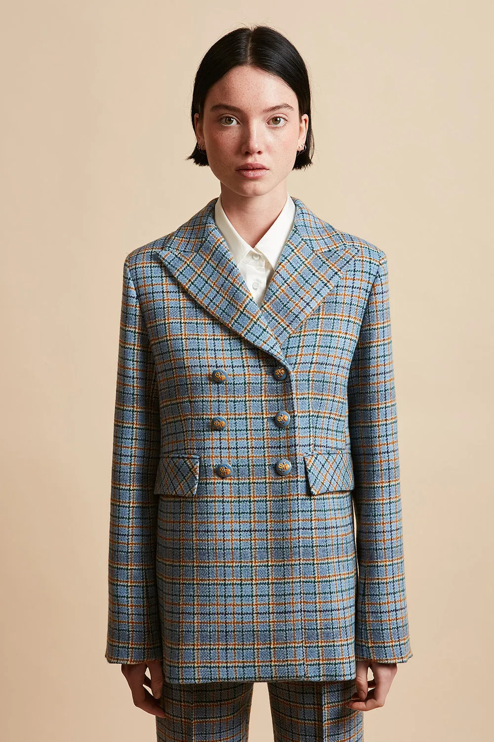 Veste longue tartan en laine tissée en France sold by Paul & Joe