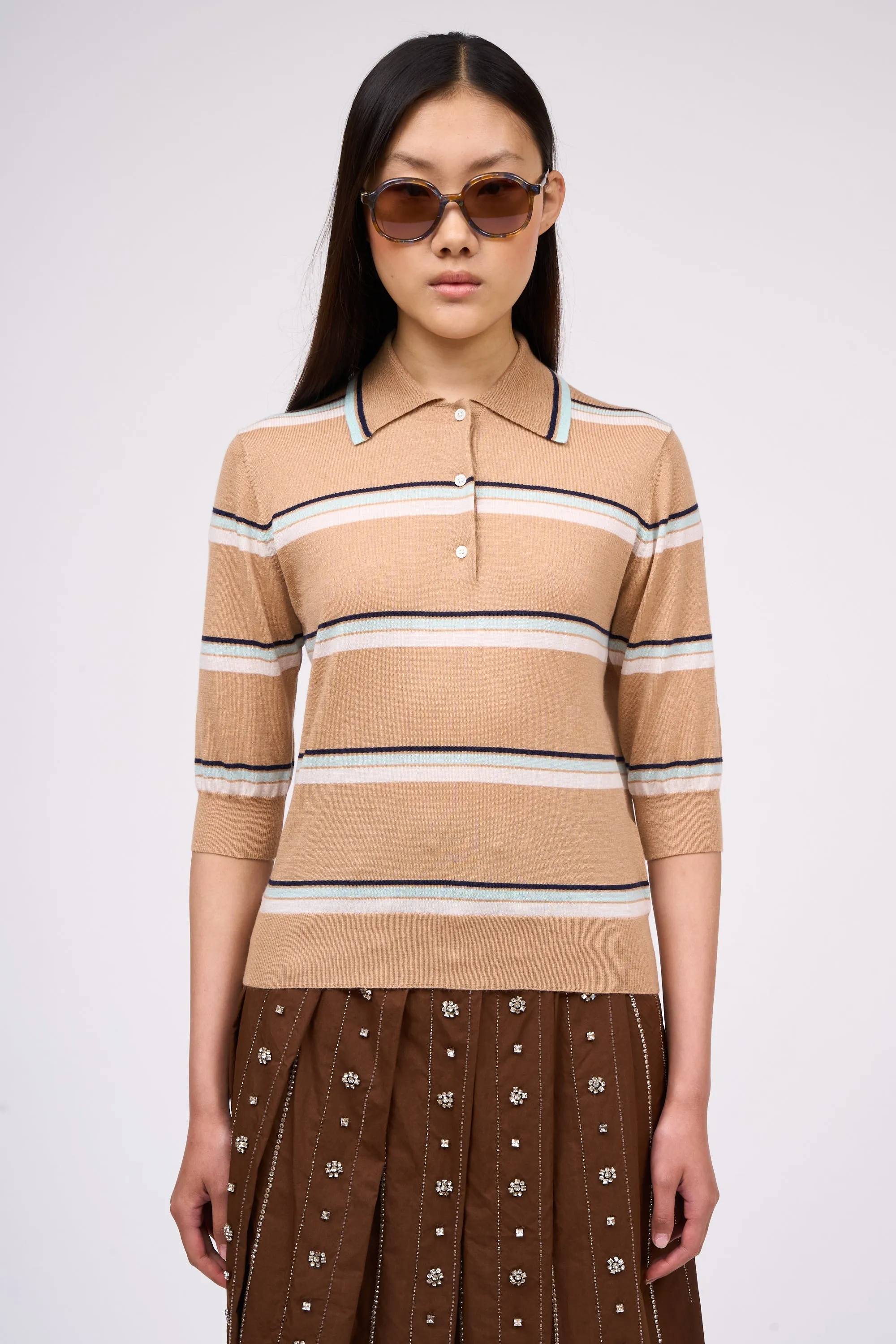 Polo en maille merinos à rayures tricolore sold by Paul & Joe