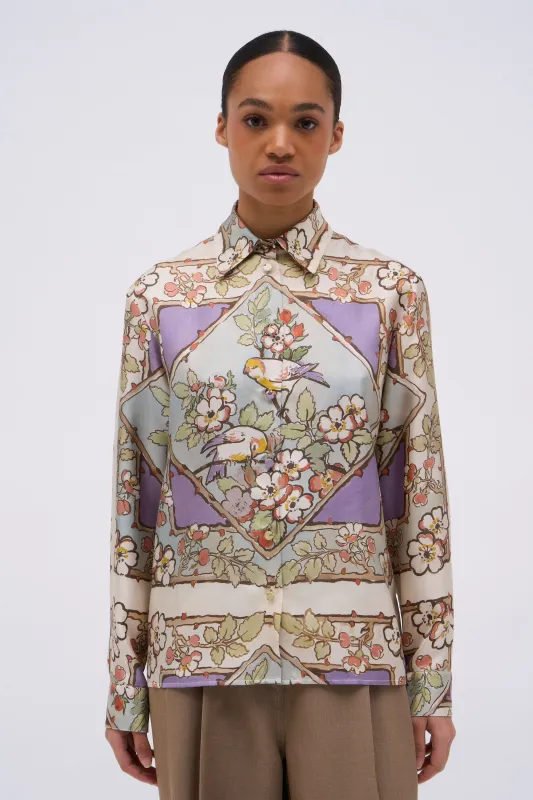 Chemise en twill de soie imprimée placée, oiseaux dans le cerisier sold by Paul & Joe