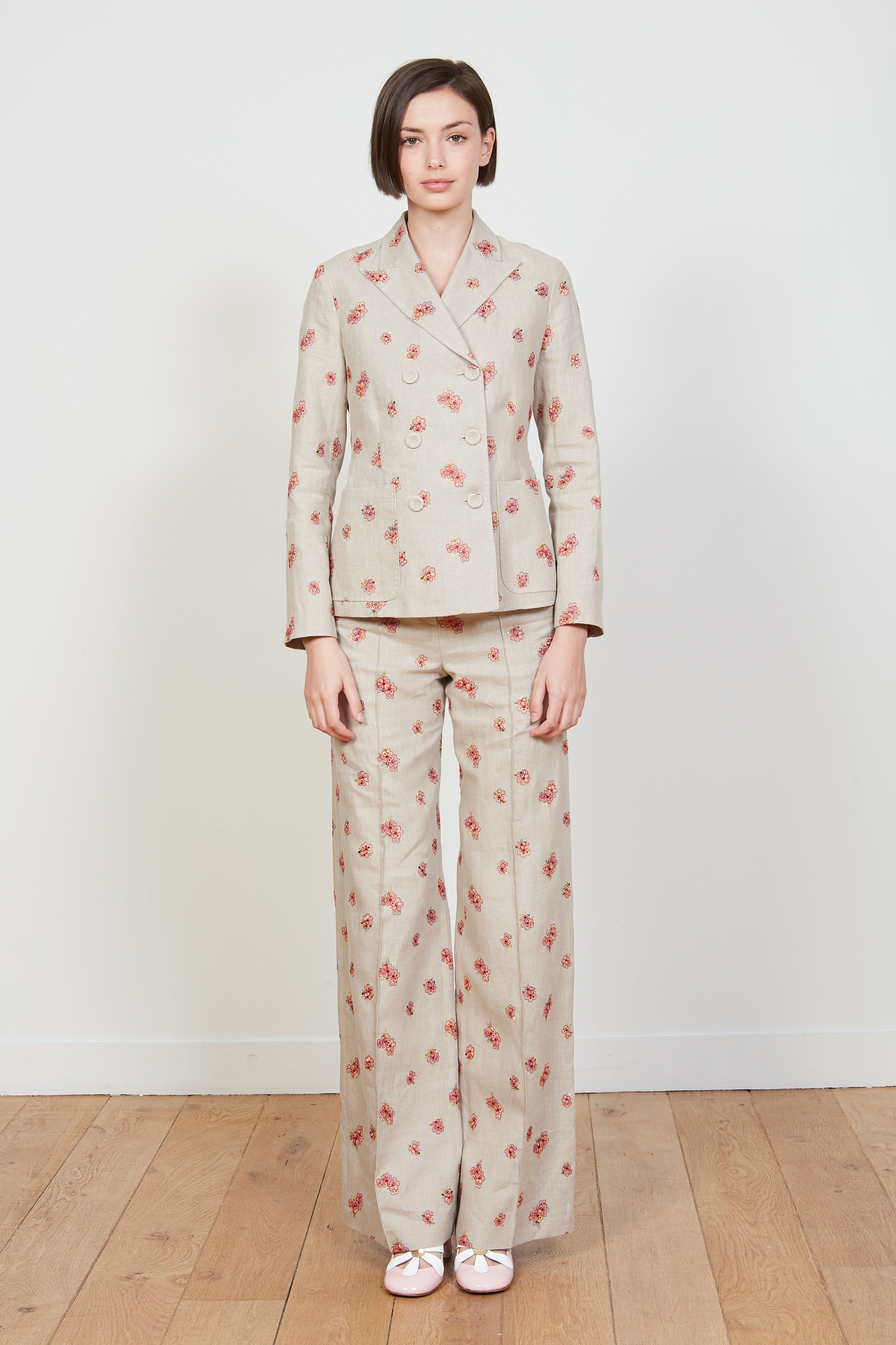 Pantalon en lin brodé de motifs fleuris sold by Paul & Joe