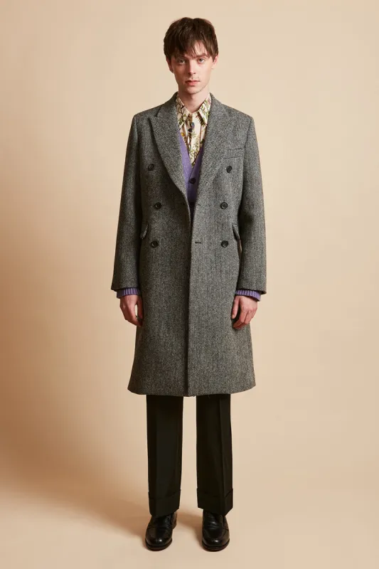 Long manteau coupe droite en lainage tweedé chevron Harris Tweed sold by Paul & Joe